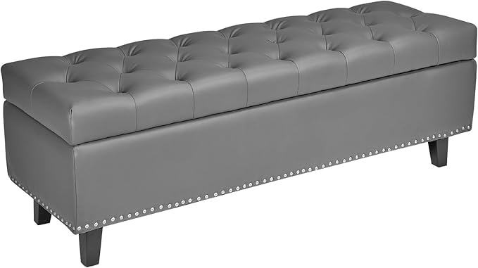 VEVOR Button-Tufted Storage Ottoman Bench, PU Leather Bench with Storage and Solid Wood Legs, Modern Shoe Benches Seat for Entryway, Upholstered End of Bed Benches for Living Room, Dining Room, Gray