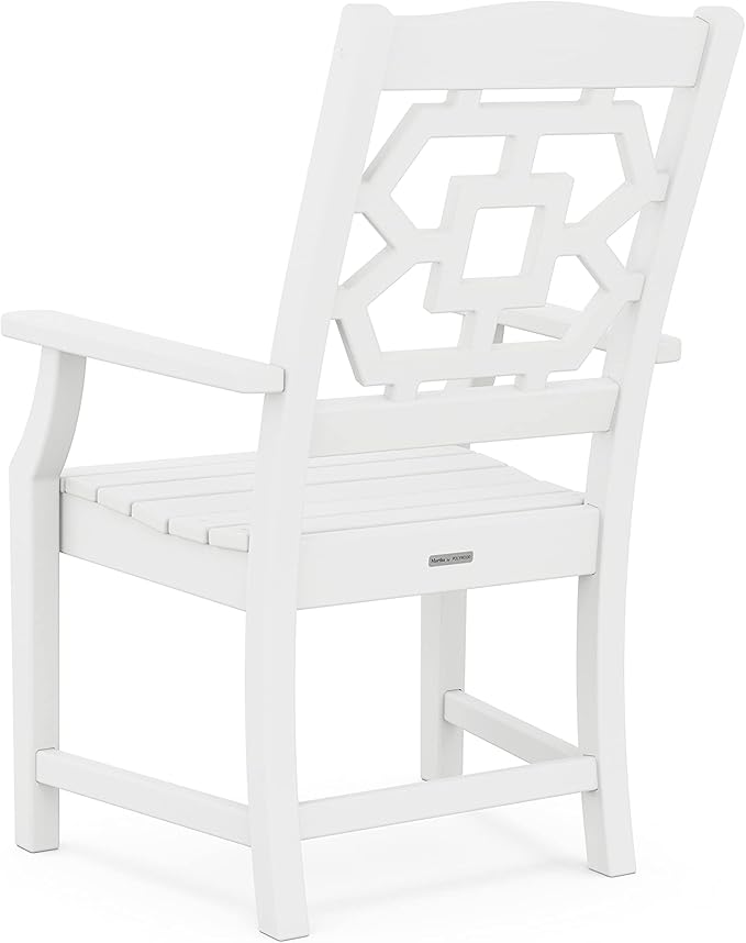 Martha Stewart by POLYWOOD Chinoiserie Outdoor Dining Arm Chair, White, Durable HDPE All-Weather, Comfortable Patio Seating with Latticework Back, Backyard, Garden Furniture, Made in The USA