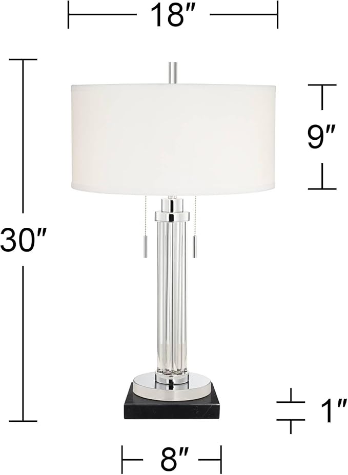 Possini Euro Design Cadence Modern Table Lamp 30" Tall with Square Black Marble Riser Linear Glass Rod White Linen Drum Shade for Bedroom Living Room Nightstand Bedside Night Stand Office Kids Room