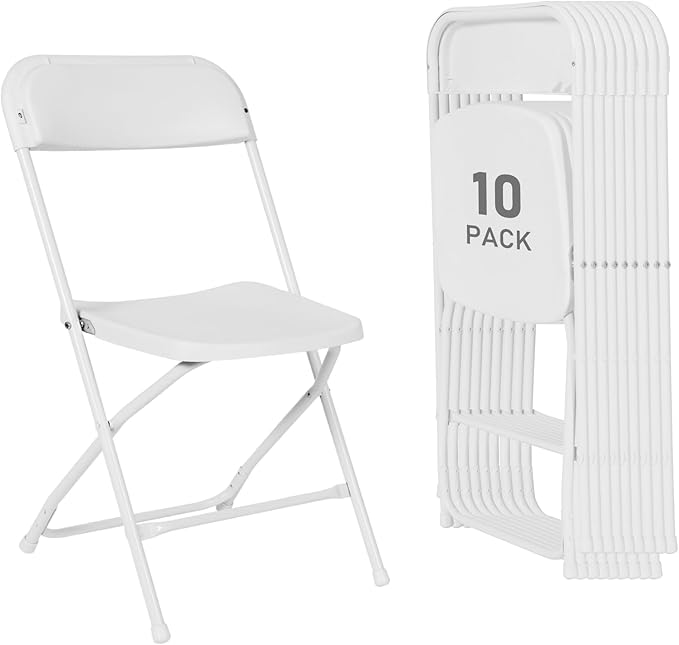 10 Pack Plastic Folding Chairs, Portable Stackable Commercial Party Folding Chairs with Steel Frame 350lbs for Home Office Outdoor Indoor Office Wedding Party Events, White