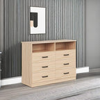 Bigbiglife 6 Drawers Dresser for Bedroom Wooden Drawer with Open Storage Cubby, Double Wide Dresser Organizer for Bedroom, Living Room, Entryway, Hallway (Light Oak)