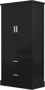 Polibi Tall Storage Cabinet with 2 Doors, 2 Drawers, 4-Tier Storage Racks of Each Door, Adjustable Shelf, Floor Free-Standing Cabinet for Bathroom, Living Room, MDF Board, Black