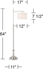 Possini Euro Design Burbank Modern 64" Tall Standing Floor Lamp Downbridge Pole Task Silver Metal Brushed Nickel Finish Living Room Bedroom House Reading Office Home Decor Entryway White Drum Shade