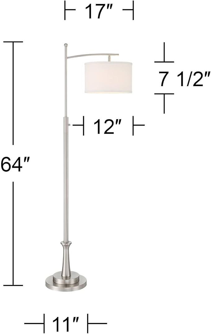 Possini Euro Design Burbank Modern 64" Tall Standing Floor Lamp Downbridge Pole Task Silver Metal Brushed Nickel Finish Living Room Bedroom House Reading Office Home Decor Entryway White Drum Shade
