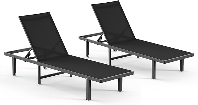 Pool Lounge Chairs Set of 2，Outdoor Lounge Chairs with Wheels and 5-Position Recliner -Easy to Move- Aluminum Patio Lounge Chair for Poolside, Deck (Black)