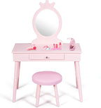 Costzon Kids Vanity Set, Wooden Princess Makeup Table with Cushioned Stool, Large Drawer, Solid Wooden Legs and Crown Mirror, Pretend Beauty Make Up Dressing Play Set for Girls Best Gift (Pink)