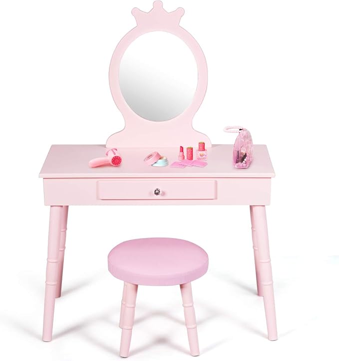 Costzon Kids Vanity Set, Wooden Princess Makeup Table with Cushioned Stool, Large Drawer, Solid Wooden Legs and Crown Mirror, Pretend Beauty Make Up Dressing Play Set for Girls Best Gift (Pink)