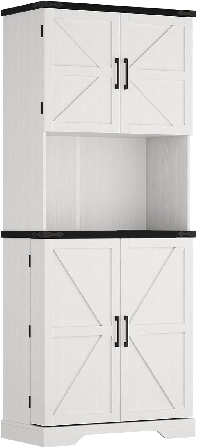 Cozy Castle 74" Farmhouse Pantry Cabinet with Charging Station, Tall Kitchen Storage Hutch Cabinet Coffee Bar Workstation, Sideboard Buffet Cupboard for Dining Room Living Room Furniture, White