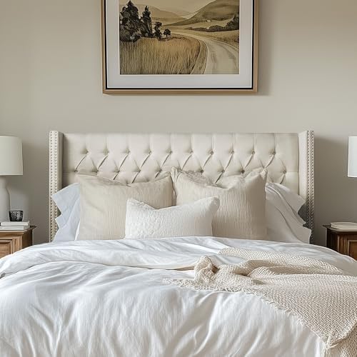 Madison Park Amelia Upholstered Headboard | Nail Head Trim Wingback Button Tufted | King, Cream