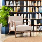 ANJHOME Mid Century Modern Accent Chairs Set of 2, Single Fabric Lounge Reading Armchair with Solid Wood Frame, Easy Assembly Arm Chairs for Living Room Beige 2