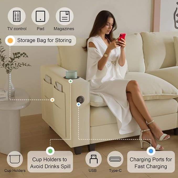 Cloud Couch, Modular Sectional Sofa with Ottoman, Charging Station, Throw Pillows, Cup Holders, Modern Convertible L Shaped Couches for Living Room, Bedroom (White, 116"- L Shape)