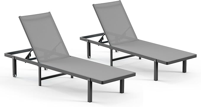 Pool Lounge Chairs Set of 2，Outdoor Lounge Chairs with Wheels and 5-Position Recliner -Easy to Move- Aluminum Patio Lounge Chair for Poolside, Deck (Darkgray)