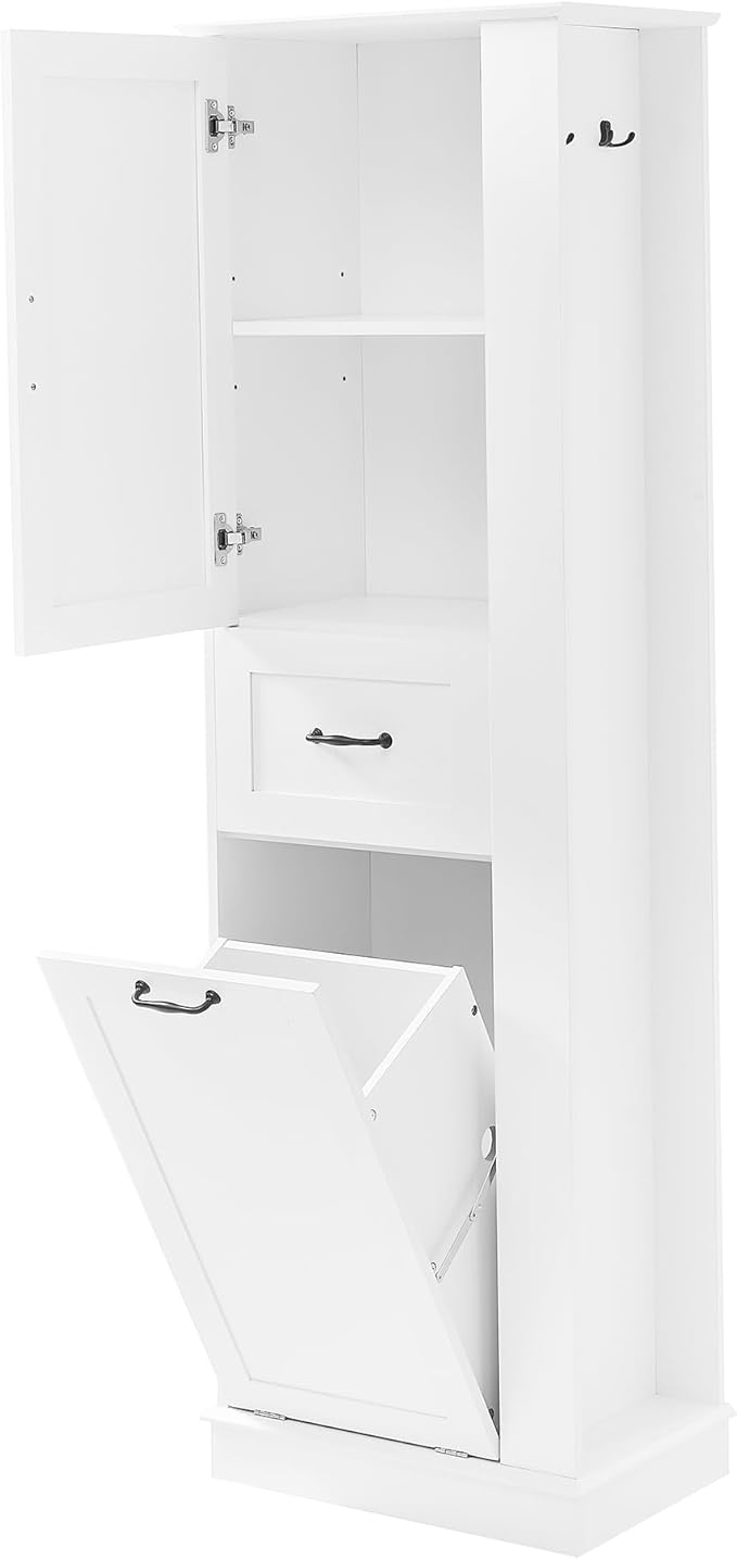 Tall Storage Cabinet, Multi-Use Bathroom Floor Freestanding Storage Cabinet with One Drawer, Adjustable Shelf, and One Tilt-Out Compartment for Bathroom, Office, Living Room, White