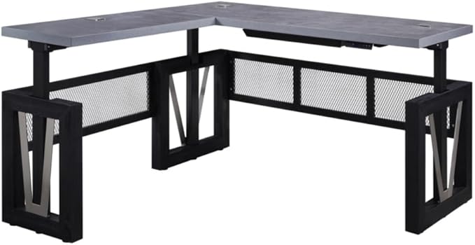 NBF District Reversible L-Shaped Executive Office Desk with Height Adjustable - Durable Laminate Computer Desk with Modesty Panel - Modern Desk with 3 Grommet Holes - Office Work Desk (Black, Gray)