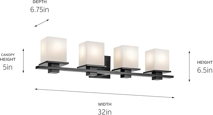 KICHLER Tully 32" 4-Light Vanity Light with Satin Etched Cased Opal Glass in Black for Over a Vanity, Soft Modern Style, (32" x 6.5" x 7"), 45152BK
