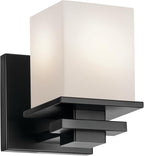 KICHLER Tully 6.5" 1-Light Wall Sconce with Satin Etched Cased Opal Glass in Black for Vanity, Living Room, Dining Room, Bedroom, Laundry Room, Mudroom, Hallway, Stairwell (6.5 x 5 x 7), 45149BK