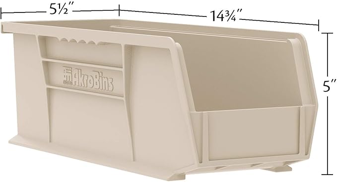 Akro-Mils 30234 AkroBins Plastic Storage Bins, Space-Saving Stackable Bins for Garage, Pantry, Craft Organization, 15" x 5" x 5", Stone, 12-Pack