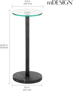mDesign Glass Top Side/End Drink Table - Small Modern Round Accent Metal Nightstand Furniture for Living Room, Dorm, Home Office, and Bedroom - 9" Round - Clear/Matte Black Marble Print