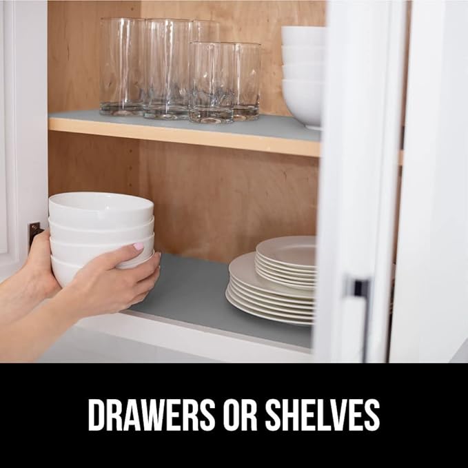 GORILLA GRIP Slip Resistant Drawer and Shelf Liner 2 Pack, Non Adhesive Water Resistant, Easy Clean and Trim, Smooth Surface Liners for Kitchen Cabinet Shelves Drawers Pantry 17.5IN x 20FT, Light Gray