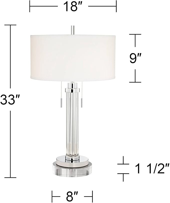 Possini Euro Design Cadence Modern Table Lamp 33" Tall with Round Riser Linear Clear Glass Rod White Linen Drum Shade for Bedroom Living Room House Home Bedside Nightstand Office Entryway Family