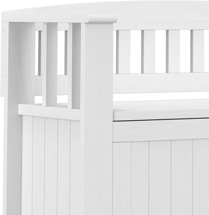 SIMPLIHOME Acadian Entryway Storage Bench - 36 inch Wide Solid Wood Small Hallway Seat in White, Transitional Bench for Mudroom or Entryway with Lift-Up Lid, 2 Compartments and Slatted Backrest
