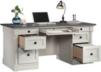 Sauder Palladia Office Desk with Drawers, Executive Desk with File Cabinet Storage, Cable Management, Keyboard Tray, in Glacier Oak Finish