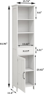 Tall Bathroom Storage Cabinet with Door and Shelves, Narrow Bathroom Cabinet Freestanding, White Slim Storage Cabinet for Home, Kitchen, Anti-Tipping
