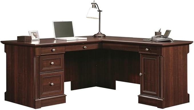 BOWERY HILL Classic Style L-Shaped Office Computer Desk in Cherry with File Drawer, CPU Tower,