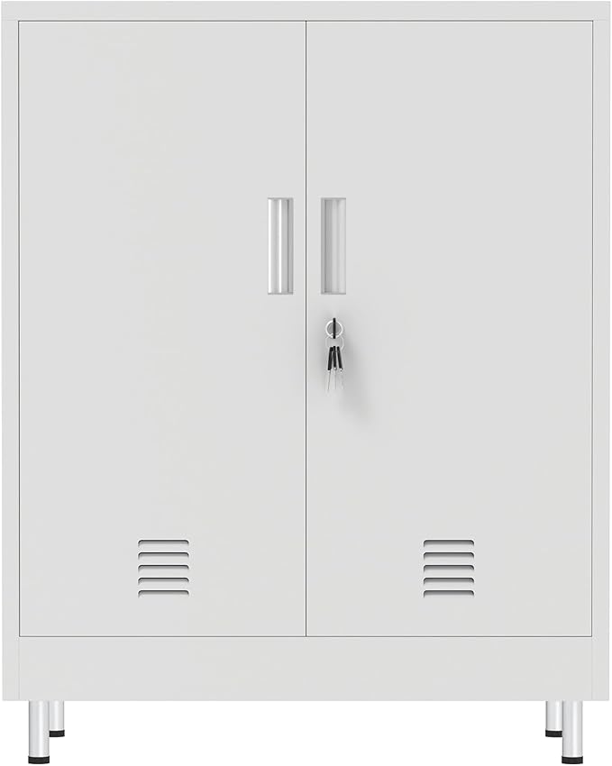 Metal Storage Cabinet with Locking Doors and Adjustable Shelves, Small Lockable Storage Cabinet for Home Office Garage Pantry Entryway Living Room (White)