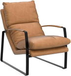 Art Leon Set of 2 Genuine Leather Accent Chairs, Mid Century Modern Lounge Chair Living Room Sofa Chair with Black Metal Frame, Light Brown
