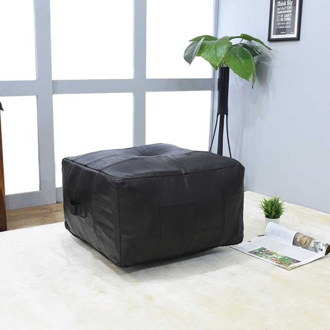 Handmade Eco-Friendly Geometric Leather Pouf Black Color Square 21" x 21" x 12" Buffalo Leather Pouf for Living Room, Bedroom Seating, Patio
