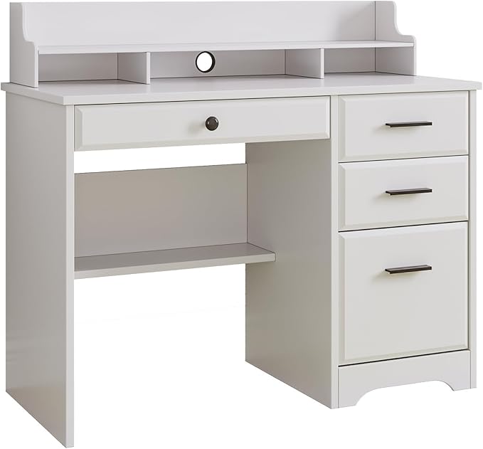 4 EVER WINNER White Desk with Drawers, Small Desk with File Drawer for Small Spaces, Writing Desk with Monitor Stand Wood Table for Study Home Office, White