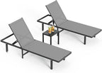 Pool Lounge Chairs Set of 3 (2 Loungers + 1 Side Table)，Outdoor Lounge Chairs with Wheels and 5-Position Recliner, Aluminum Patio Lounge Chair for Poolside, Deck (Darkgray)