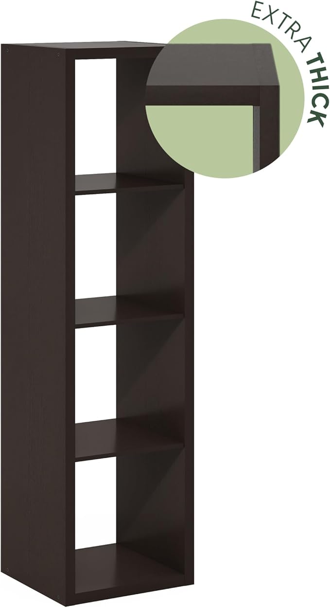 Furinno CUBICLE Book Shelf, 4-Cube Vertical Thick Frame Bookshelf, Horizontally & Vertically Reversible Bookcase with Open Back, 14.6 x 15.9 x 58, for Living Room, Bedroom, Home Office, Black Dark Oak