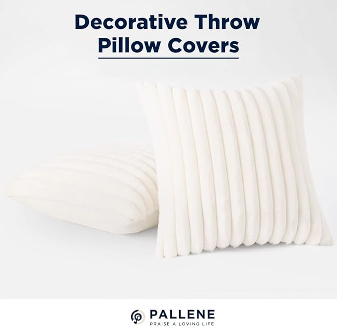 Pallene Faux Fur Plush Christmas Throw Pillow Covers 24x24 Set of 2, Luxury Soft Fluffy Striped Decorative Pillow Covers for Sofa, Couch, Living Room, Cream White