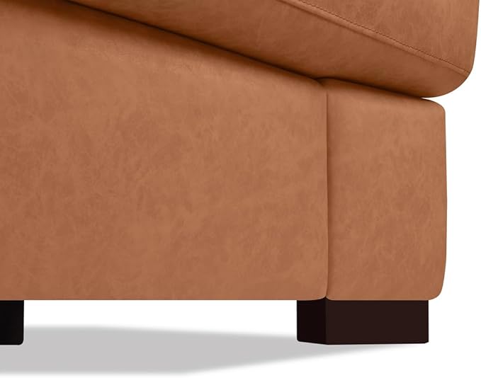 Naomi Home Freya Genuine Leather Sofa - Luxurious Comfort, Goose Feather Cushion Filling, Square Arm Design, Sturdy Block Legs, Elegant Tan - Ideal for Living Room, Office, or Bedroom