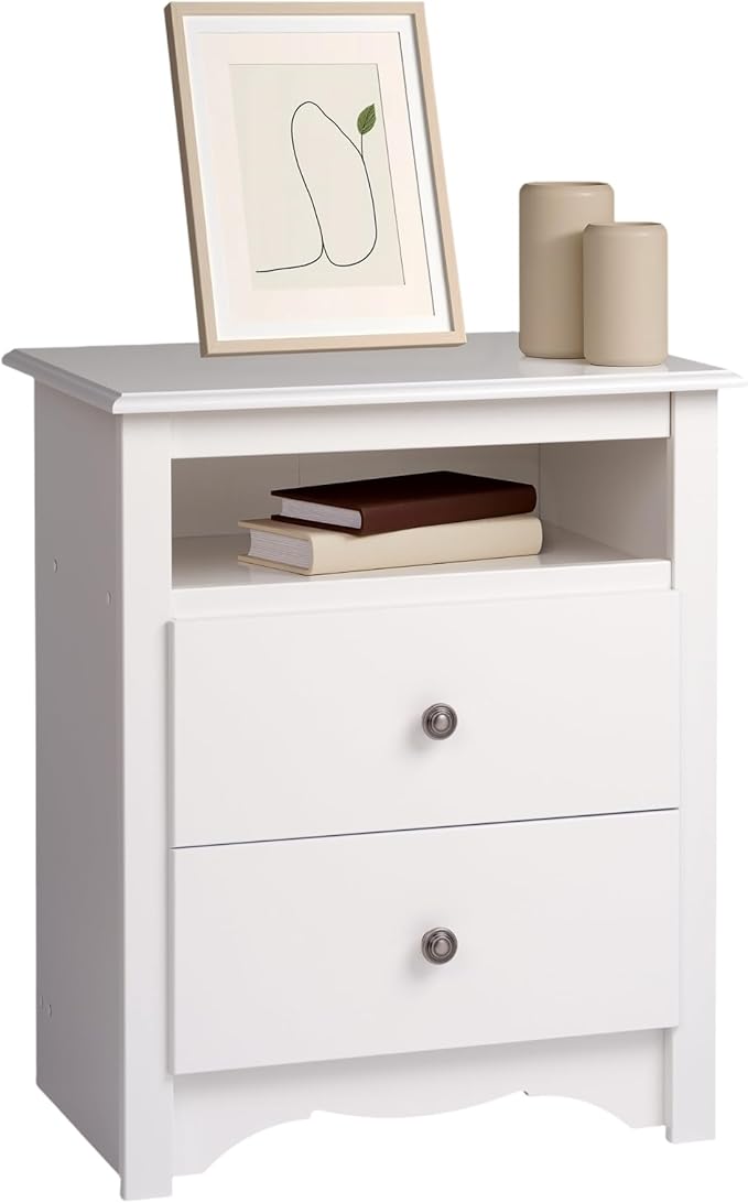 Prepac Sonoma 2 Drawer Nightstand: Elegant Bedroom Furniture, Bedside Table with Open Shelf, 23.25"W x 16"D x 28"H, White