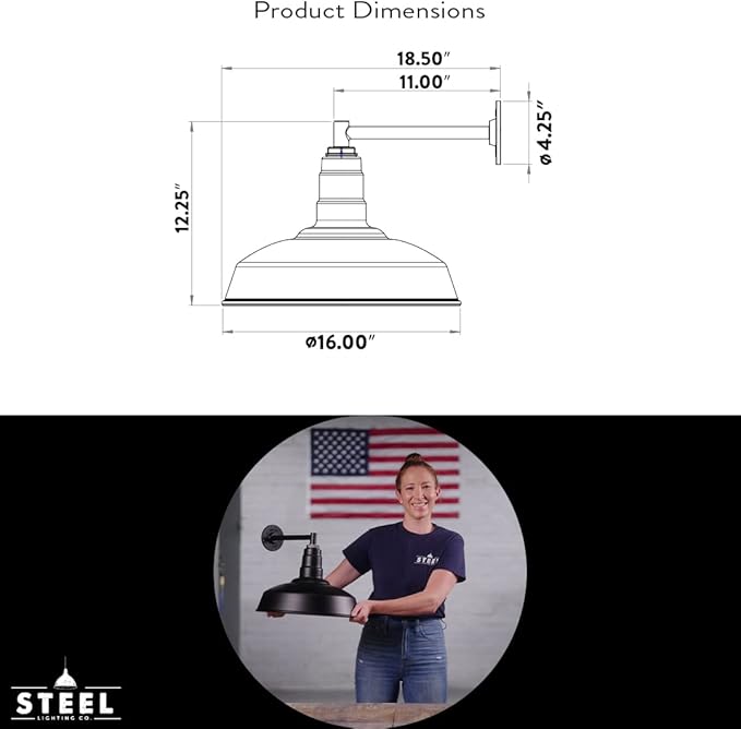 Steel Lighting Co. Gardena Barn Light | Outdoor Wall Mounted | 16" Dome | 11" Straight Arm | Farmhouse Light Made in America | Matte Black Exterior/White Interior