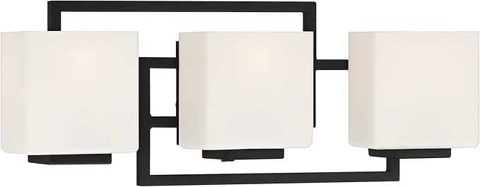 Possini Euro Design Lighting on The Square Modern Wall Mount Light Matte Black Aluminum Hardwired 21" 3-Light Fixture Opal Glass Shade for Bathroom Vanity Mirror House Living Room Home Hallway