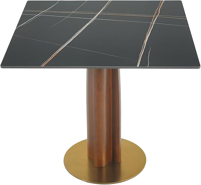 Sintered Stone Square Office Table and Chair Set - Meeting Table for Small Offices (Walnut‌ Leg and Black Top, 1 Table and 2 Chairs)