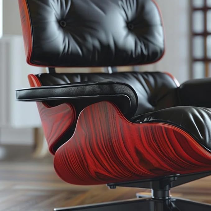 Top Black Grain Leather, Mid Century Chaise Lounge Chair and Ottoman, Modern Chair Classic Design, Red Rosewood, Heavy Duty Base Support for Living Room Office