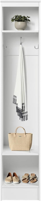 Prepac Narrow Coat Rack Freestanding Hall Tree with 3 Hooks, Entryway Furniture for Coat and Shoe Storage, Entryway Organization with an Adjustable Shelf, 14.75"W x 72.5"H x 15.5"D, White