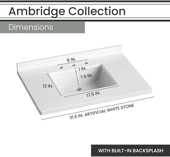 Hanover Ambridge 31'' Vanity Cabinet with Sink Combo for Bathroom, Powder Room | Pre-Assembled Cabinet | 1 Door, 3 Drawers | Artificial Stone Countertop, Gray Cabinet | HANVN0104-31-0GR