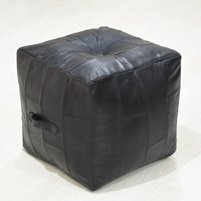 Handmade Eco-Friendly Geometric Leather Pouf Black Color Square 16" x 16" x 16" Buffalo Leather Pouf for Living Room, Bedroom Seating, Patio