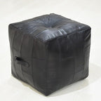 Handmade Eco-Friendly Geometric Leather Pouf Black Color Square 14" x 14" x 14" Buffalo Leather Pouf for Living Room, Bedroom Seating, Patio