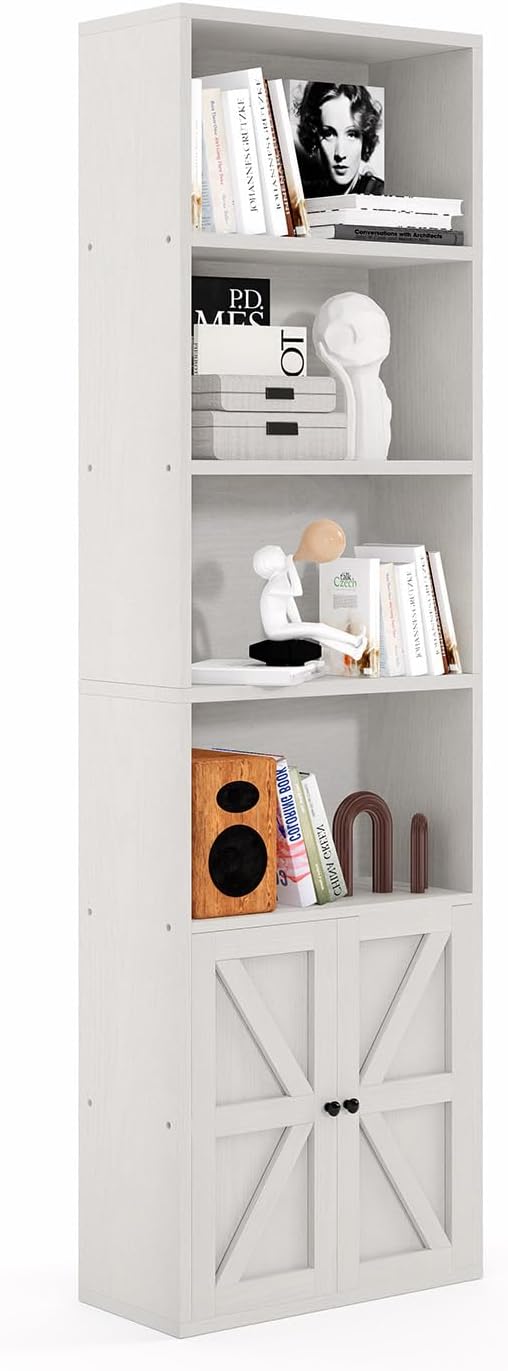 MXV 6 Tier 71" Tall Wooden Bookshelf&Bookcase with Doors, Storage Shelves Organizer, Floor Standing Modern Display Cabinet Shelves, Home Decor Furniture for Home Office, Living Room, Bedroom, White