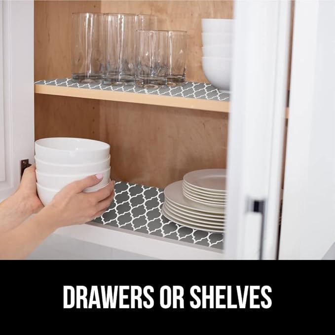 GORILLA GRIP DripGuard Shelf Liner, Non Adhesive Drawer and Kitchen Cabinet Protector, 24x240 Inch, Slip Resistant BPA Free Smooth Surface Plastic Liners for Cabinets, Bathrooms, Closets, White Gray