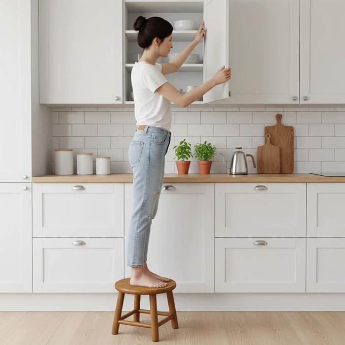 CONSDAN 9-Inch Round Step Stool for Adults & Kids, USA Grown Solid Oak Hardwood Ottoman, Sturdy Small Foot Stool for Kitchen, Bedside, Nursery, Shoe Changing, Plant Stand, Fully Assembled (Chocolate)