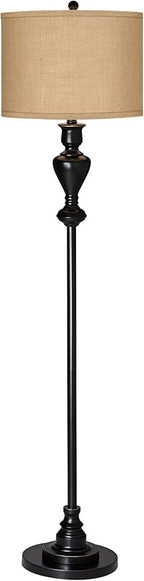 Possini Euro Design Country Cottage Floor Lamp Standing 58" Tall Black Bronze Metal Soft Gold Edging Real Woven Burlap Fabric Drum Shade for Living Room Reading Bedroom Office House Home Decor