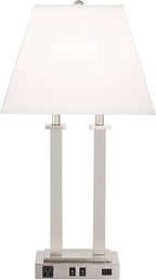 Possini Euro Design Amity Modern Table Lamp 26" High with USB and AC Power Outlet in Base Brushed Nickel White Linen Hardback Shade for Bedroom Living Room House Home Desk Bedside Nightstand Office